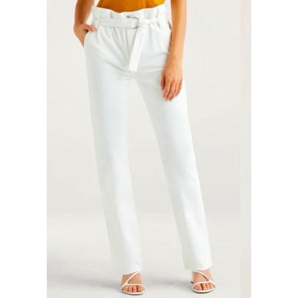 7 For All Mankind Womens Paperbag Waist Jeans Sz 26 White Straight Leg Belted